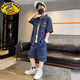 G.DUCKKIDS男童夏裝牛仔短袖襯衫套裝兒童裝童裝潮帥氣衣服男孩夏季薄款衣服 豆豆杰尼-1760天絲牛仔套裝 兩件 160 cm