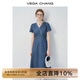 VEGA CHANG牛仔連衣裙女2025新款夏季小個子V領(lǐng)蕾絲花邊收腰短裙 海灣藍(長款) L