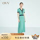 OVV2023春夏新款女裝復古撞色修身短袖A字傘裙針織連衣裙 湖藍鑲拼02 M