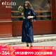 Olrain【七夕】歐芮兒普魯士藍牛仔連衣裙女春裝新款收腰刺繡減齡裙子 牛仔藍 M