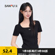 三福短T恤2025夏季小標(biāo)裝飾褶皺收腰時(shí)尚上衣女裝495686 黑色 L