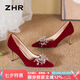 ZHR高跟鞋女中式絨面秀禾婚鞋新娘鞋子女尖頭細跟單鞋女BQ126紅色36