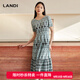 藍地（LANDI）波西米亞風(fēng)印花復古連衣裙女短袖收腰中長(cháng)裙夏新品 葉綠色 M
