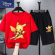 迪士尼（Disney）男童短袖t恤套裝純棉兒童裝夏季五分褲兩件套休閑運動(dòng)中大童夏裝 紅色皮卡丘+黑褲 175 120（L碼 建議30-40斤）