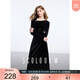 三彩2025春季新款絲絨連衣裙設計感收腰小黑裙喇叭袖長(cháng)裙優(yōu)雅M