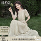 絲柏舍系帶連衣裙2024夏裝新款女裝優(yōu)雅甜美壓褶印花長(cháng)裙