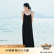 茵曼女裝吊帶碎花印花連衣裙春夏季海邊度假風(fēng)長(cháng)裙子 黑色 L