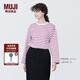 無印良品（MUJI）女式 粗棉線圓領長袖T恤 上衣打底衫女款內搭 純棉秋季休閑女裝 粉紅色條紋 4S L  (165/88A)