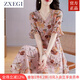 ZXEGI收腰顯瘦100%桑蠶絲真絲連衣裙夏季新款時尚印花韓版高端A字裙女 粉色 2XL （116-125斤）