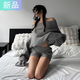 妃奧絨秋冬兩件套毛衣女套頭休閑寬松慵懶風(fēng)一字肩針織上衣搭配針織短褲 灰色上衣+短褲 M