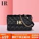 HR赫蓮娜女包單肩斜跨包小香風頭層牛皮菱格鏈條包高級感生日禮物 黑色【大號】