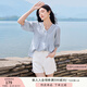 香影【王楚然明星同款】白色娃娃衫上衣女夏含亞麻小衫淡人薄v領(lǐng)襯衫 藍色 M 160/84A/95-110斤