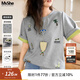 MsShe【原創(chuàng  )印花刺繡雙色短袖T恤】大碼女裝2025夏裝胖mm顯瘦上衣 A款-花灰色現貨 3XL