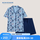 舒雅【純棉】男士翻領(lǐng)郵戳印花短袖短褲睡衣家居服套裝