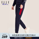 ELLE ACTIVE紅白藍(lán)撞色連帽衛(wèi)衣運(yùn)動(dòng)褲初秋時(shí)尚百搭運(yùn)動(dòng)休閑通勤上下套裝女 褲子-藏青色 S