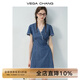 VEGA CHANG牛仔連衣裙女2025新款夏季小個子V領(lǐng)蕾絲花邊收腰短裙 海灣藍(短款) XL