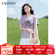 LAGOGO卡通涂鴉繡花T恤女拉谷谷2025年夏季新款可愛(ài)減齡短袖上衣 紫色 L