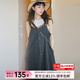 馬登女裝 格紋拼接吊帶裙慵懶風(fēng)顯瘦A字裙寬松連衣長(zhǎng)裙無(wú)袖夏 藏藍(lán)色 馬登工裝 L