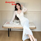 蔻伊婭（Kouyiya）品牌女裝新品連衣裙女秋裝2025新款法式性感深V領(lǐng)開(kāi)叉顯瘦拼接包 米白色 S