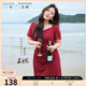 三彩大碼女裝2025夏季新款法式復古方領連衣裙褶皺收腰珍珠鏈胖MM 大紅色 3XL 175/104B