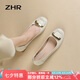 ZHR淺口單鞋女春秋粗跟通勤女鞋優(yōu)雅方扣真牛皮船鞋女 AH378 米色 37