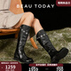 BEAUTODAY【明星同款】英倫風(fēng)騎士靴秋季新款長筒靴子女靴復(fù)古真皮高筒靴女 經(jīng)典黑 36