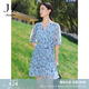 玖姿·安娜蔻V領(lǐng)雪紡連衣裙女裝夏款泡泡袖褶皺感淺藍色裙 花淺藍 M