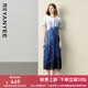 顏域不規(guī)則印花連衣裙女2025夏季新款高腰顯瘦過膝雪紡收腰長裙子 藍花 L