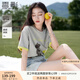 香影【小熊奇遇T】灰色短袖t恤女夏2025新款寬松落肩撞色刺繡上衣 熔巖灰色 M 160/84A/95-110斤