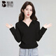 別語(yǔ)polo領(lǐng)長(cháng)袖t恤女秋季修身褶皺齊腰打底衫內搭甜美上衣 黑色 L