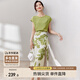 尚都比拉短袖t恤印花半裙套裝時尚洋氣兩件套氣質型夏季女裝 綠配花色 XL 