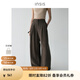 INSISFEMME【通勤松弛感】亞麻棉感2025夏新款無腰頭褶裥設(shè)計寬松弧形長褲女 馬德里棕 S