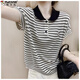 啄木鳥(niǎo)大碼冰絲短袖T恤女2025夏季新款條紋t恤女撞色紐扣polo領(lǐng)針織上衣 白色 2XL 130-150斤