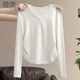 她池簡(jiǎn)約純色打底衫女2026春裝新款V領(lǐng)半系扣捏褶長(cháng)袖T恤