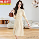 恒源祥秋冬新款羊毛連衣裙女輕熟風(fēng)洋氣質(zhì)配大衣打底裙百褶毛衣裙子 米白色 M