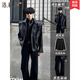 洛科馳黑色墊肩皮夾克三件套裝男痞帥炸街感穿搭外套美式機車(chē)服上衣 黑色三件套 XL