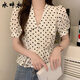 水畔衣人高檔泡泡短袖V領(lǐng)雪紡女夏季新款收腰顯瘦法式娃娃領(lǐng)波點(diǎn)女士上衣 白色【夏裝新款/今年流行/洋氣漂 XL 【建議120-140斤】