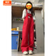 婍妡美式復古紅色牛仔背帶褲夏季2025新款顯瘦高腰寬松直筒連體褲子 紅色 S