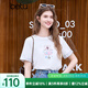 百圖betu女裝2025春夏新款T恤圓領(lǐng)卡通印花袖口拼接國風(fēng)短袖女2502T30 白色 M