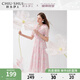 秋水伊人優(yōu)雅V領(lǐng)木耳邊A版收腰連衣裙夏季新款女中長(zhǎng)款裙子 粉紅 L