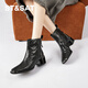 星期六羊皮革短靴女粗跟加絨有質(zhì)感時(shí)尚增高側拉鏈潮流女靴子 黑色 39