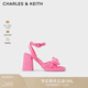 CHARLES&KEITH蝴蝶結(jié)絨布粗跟露趾高跟涼鞋生日禮物CK1-60920367 粉紅色Pink 36