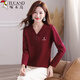 啄木鳥(niǎo)長(cháng)袖t恤女V領(lǐng)秋季寬松打底衫媽媽減齡正肩顯瘦休閑上衣 酒紅 XL