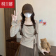 柯蘭娜法式甜美修身顯瘦長(cháng)袖T恤女2025秋撞色設計感假兩件抽繩開(kāi)衩上衣 卡其色 L 建議106-115斤