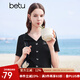百圖betu女裝夏季新款T恤V領(lǐng)繡花坑條短袖蝴蝶鈕扣上衣女2404T09 黑色 M