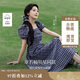 茵曼章若楠同款|法式格紋連衣裙夏季女裝百搭泡泡袖a字裙子 藏青  S