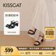 KISSCAT接吻貓【美洋同款】女鞋高跟涼鞋舒適簡(jiǎn)約方頭粗跟一字帶涼鞋 黑色 羊絨面 37