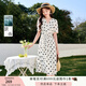 香影（xiangying）法式波點(diǎn)連衣裙女2025春夏新款復古氣質(zhì)短袖正肩高腰v領(lǐng)裙子 米色 M