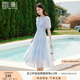 香影天藍(lán)色v領(lǐng)泡泡袖連衣裙女2025夏裝新款收腰絕美海邊碎花裙子 藍(lán)色 M 160/84A/95-110斤
