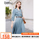 百圖betu女裝春季新款工裝高腰A字七分可調節袖連衣裙女2402T86 淺藍 S